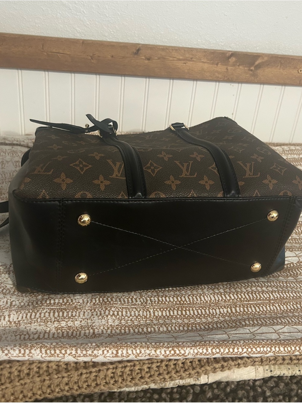 Louis Vuitton Brown Monogram Canvas Tote with Black Trim and Gold Hardware